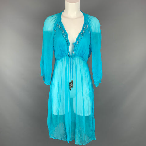 DELFINA Taille S Robe en shantung longueur genou en soie turquoise et perles