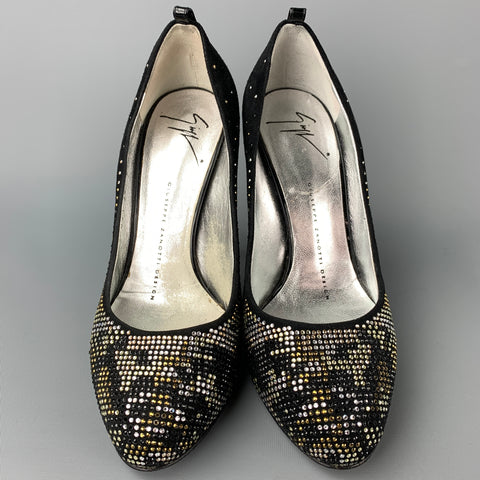 GIUSEPPE ZANOTTI Talla 6 Zapatos de tacón de ante con cristales en negro y plateado