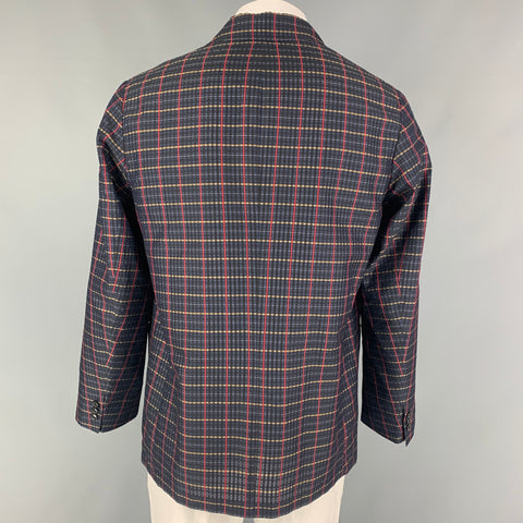 TOMORROWLAND Size 42 Navy Red Plaid Silk Notch Lapel Sport Coat