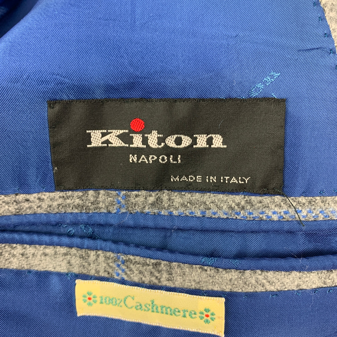 KITON Size 44 Grey Blue Plaid Cashmere Notch Lapel Sport Coat