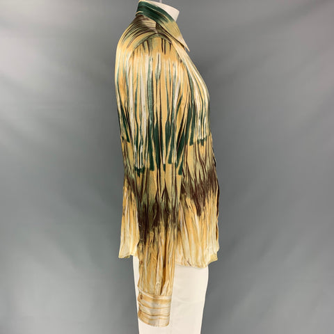 JUST CAVALLI Size XL Beige & Green Print Silk Button Up Long Sleeve Shirt