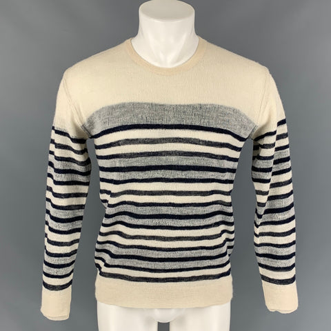 BURBERRY PRORSUM Talla M Jersey con cuello redondo de seda y alpaca a rayas color crema y azul marino