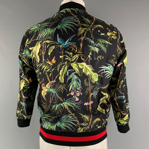 GUCCI Size XS Black Green Forest Jungle Graphic Silk Bomber Jacket