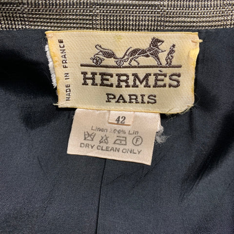 HERMES Size 10 Brown Beige Linen Plaid Single Breasted Skirt Suit