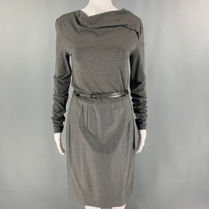 MAX MARA Size 8 Grey Viscose Belted Long Sleeve Dress