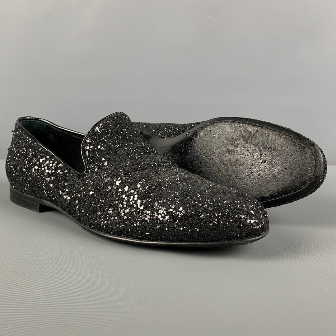 JIMMY CHOO Size 8 Black Glitter Leather Slip On Loafers