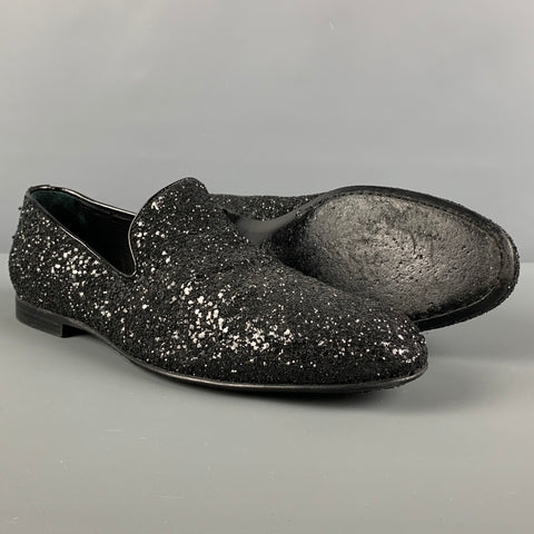 JIMMY CHOO Size 8 Black Glitter Leather Slip On Loafers