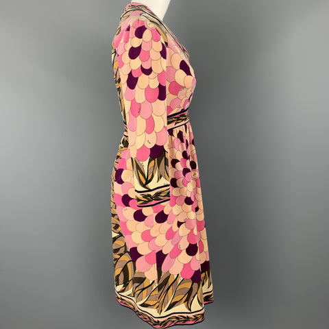 EMILIO PUCCI Vintage Size 10 Pink Print Velvet A Line Long Sleeve Dress
