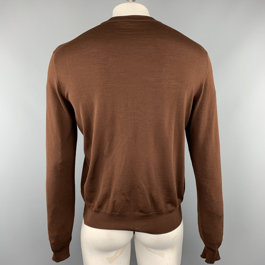 HERMES Talla XL Jersey de punto de lana merino con cuello en V marrón