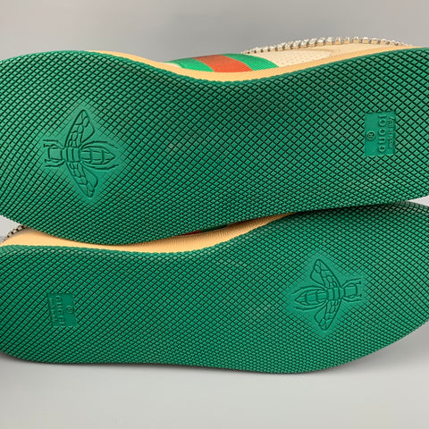 GUCCI Size 15 Off White Green Distressed Leather Crystal Screener Sneakers