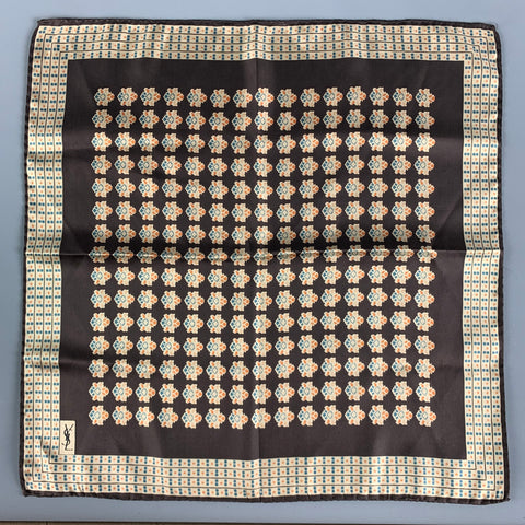 YVES SAINT LAURENT Brown Beige Abstrack Floral Silk Satin Pocket Square