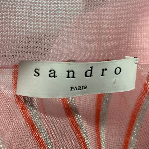 SANDRO Size M Pink Red & Silver Polyester Blend Stripe Cropped Polo Shirt