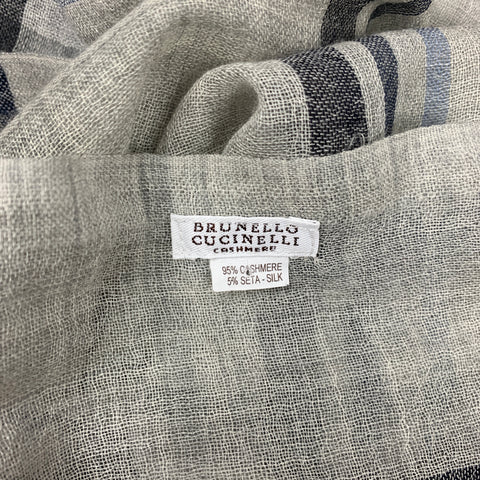 BRUNELLO CUCINELLI Light Gray & Blue Plaid Cashmere / Silk Fringe Scarf
