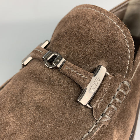TOD'S Size 9.5 Brown Suede Metal Hardware Slip On Loafers