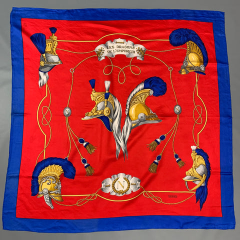 Les Dragons De L'Empereur Red & Blue Gold Silk Twill Scarf
