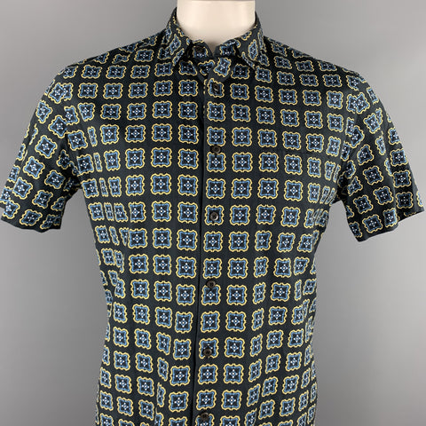 PRADA Size L Black Print Cotton Button Up Short Sleeve Shirt