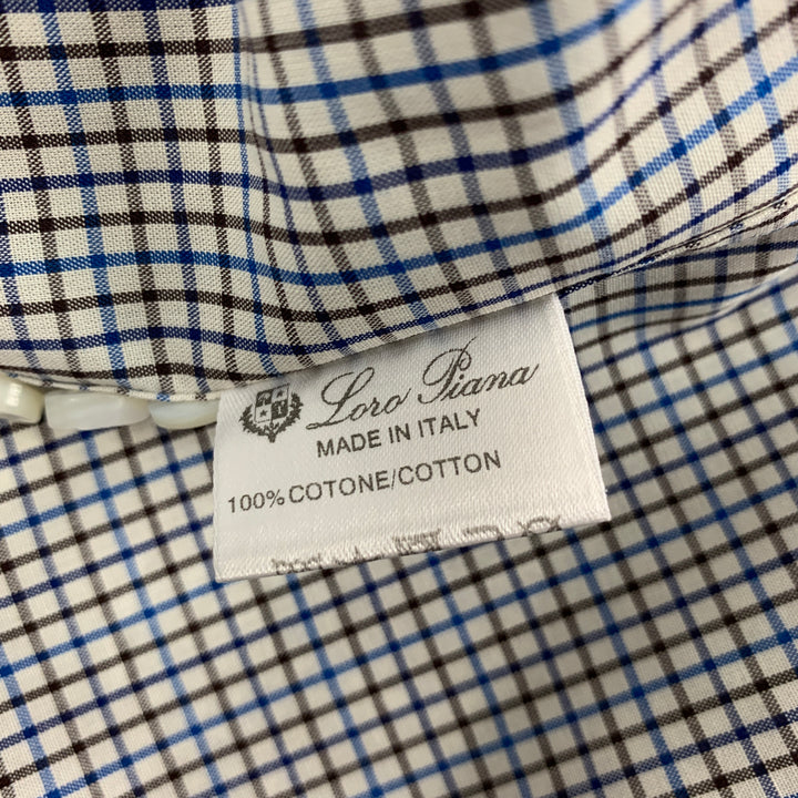 LORO PIANA Size M White & Blue Checkered Cotton Long Sleeve Shirt