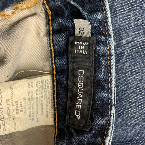 DSQUARED2 Size 32 Blue Black Distressed Cotton Skinny Slim Jeans