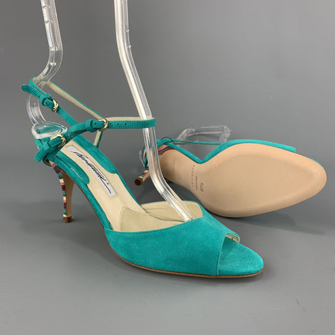 BRIAN ATWOOD 7.5 Sandalias TRIXIE de ante turquesa con tacón arcoíris y punta abierta