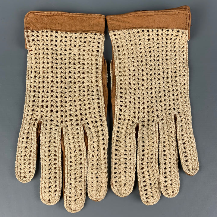 SWAINE ADENEY BRIGG Tan Cream Crochet Leather Gloves