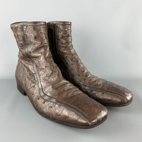 PRADA Size 10.5 Brown Ostrich Leather Square Toe Ankle Boots