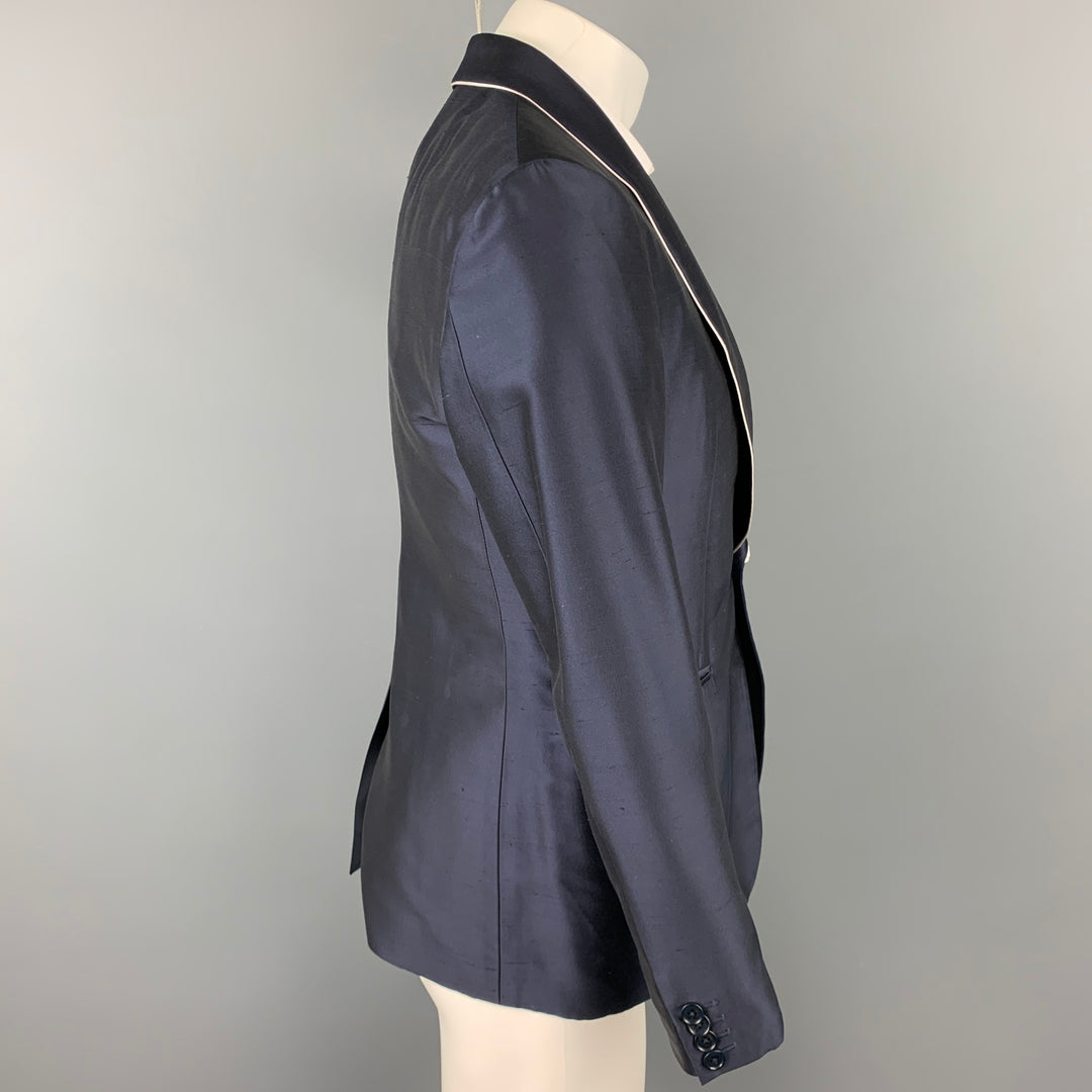 SALVATORE FERRAGAMO Size 38 Regular Navy Silk Shawl Lapel Sport Coat