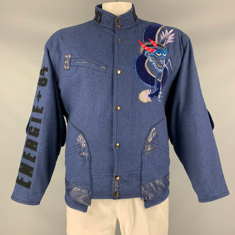KANSAI YAMAMOTO Size L Blue Multicolour Dragon Embroidered MYSTICAL Wool &  Leather Jacket
