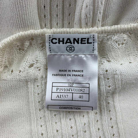 CHANEL Size 8 White Knitted Textured Cotton Blouse