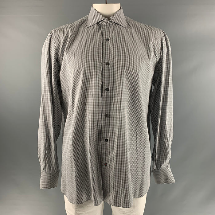 ISAIA Size XL White Black Checkered Cotton Long Sleeve Shirt