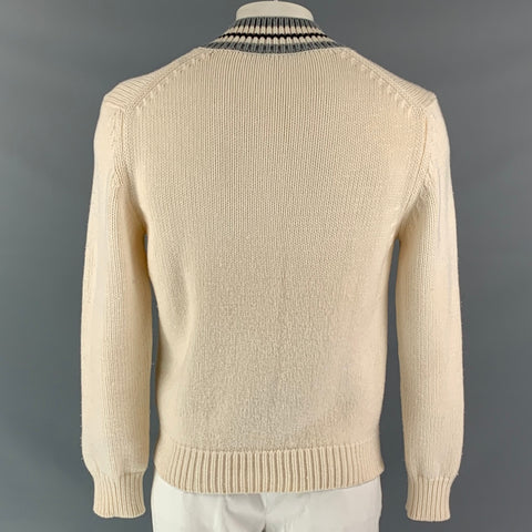 Z ZEGNA Size L Cream & Grey Stripe Knitted Wool V-Neck Heritage Sweater