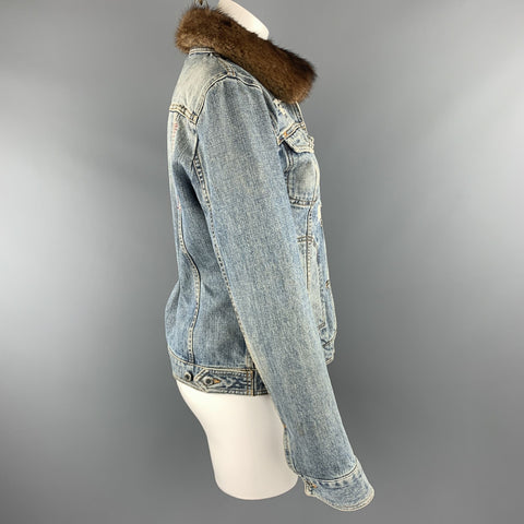 DOLCE & GABBANA Size 10 Blue Denim Fur Collar Trucker Jacket