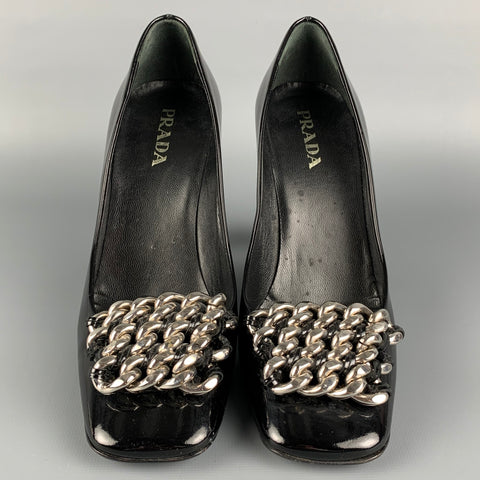 PRADA Size 7 Black Leather Chain Patent Leather Square Toe Pumps