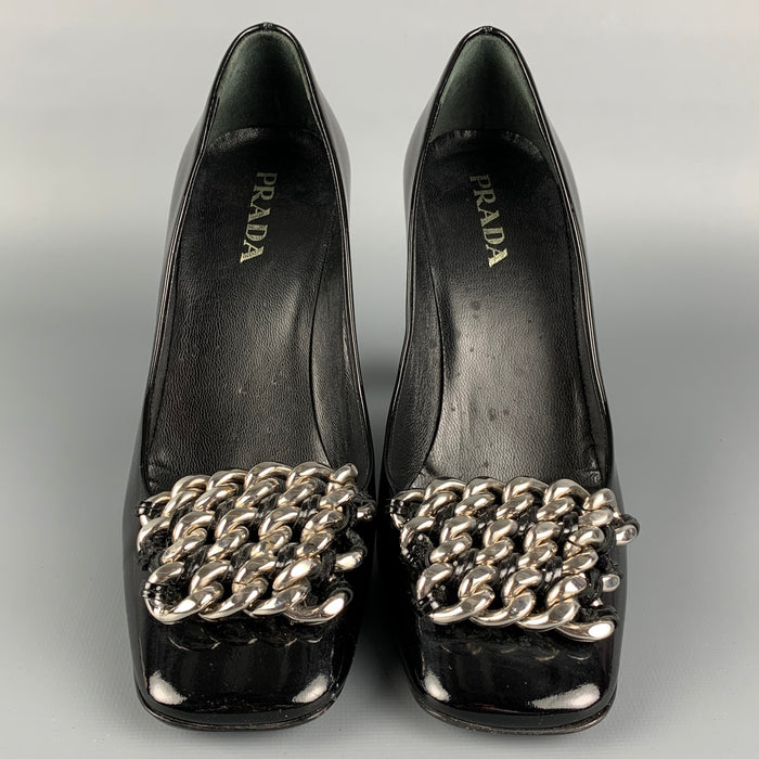 PRADA Size 7 Black Leather Chain Patent Leather Square Toe Pumps