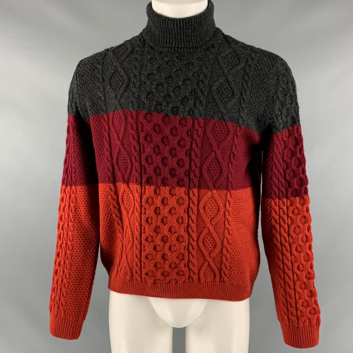 TOPMAN Size M Grey Red Color Block Knit Turtleneck Sweater