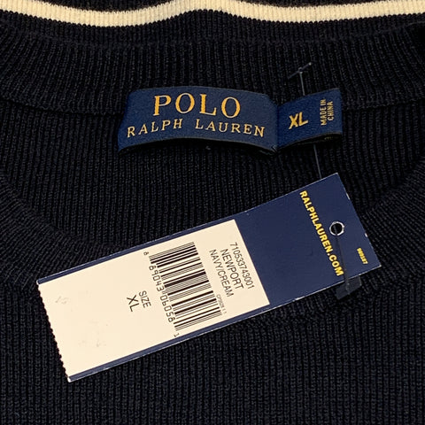 RALPH LAUREN Size XL Navy & Cream Stripe Cotton / Cashmere Side Buttons Pullover Sweater
