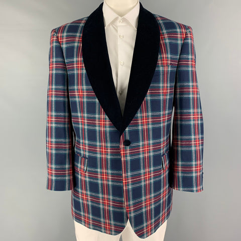 PAUL FREDERICK Size 46 Navy Red Green Plaid Wool Shawl Collar Sport Coat