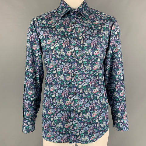 PAUL SMITH Size XL Blue & Green Floral Cotton Button Up Long Sleeve Shirt