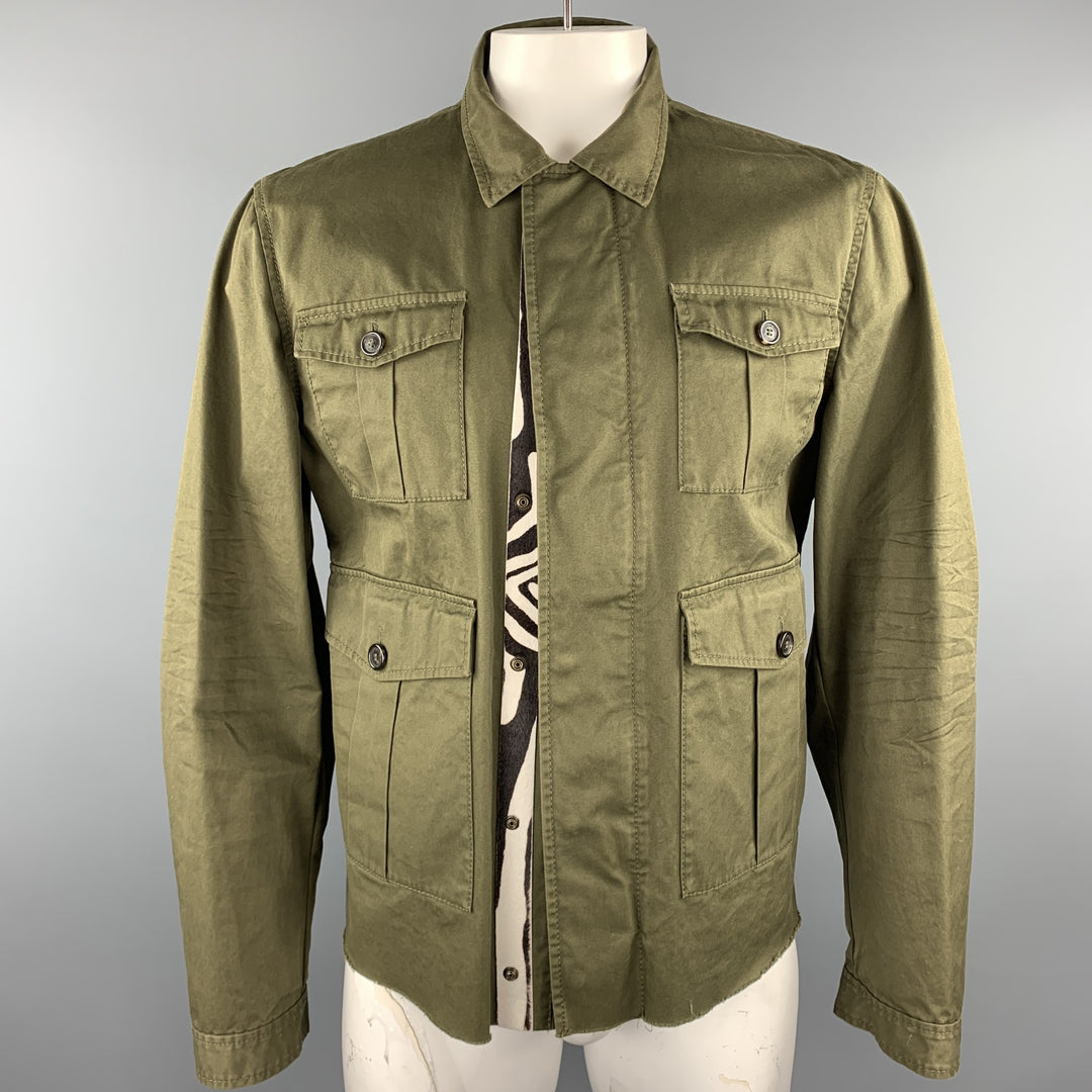 DSQUARED2 Size 44 Olive Cotton Zebra Ponyhair Trim Army Jacket
