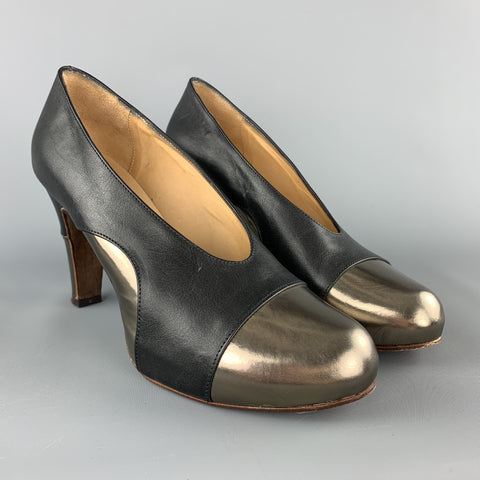 ELLEN VERBEEK Talla 8.5 Zapatos de tacón de cuero de cuero negro y plateado