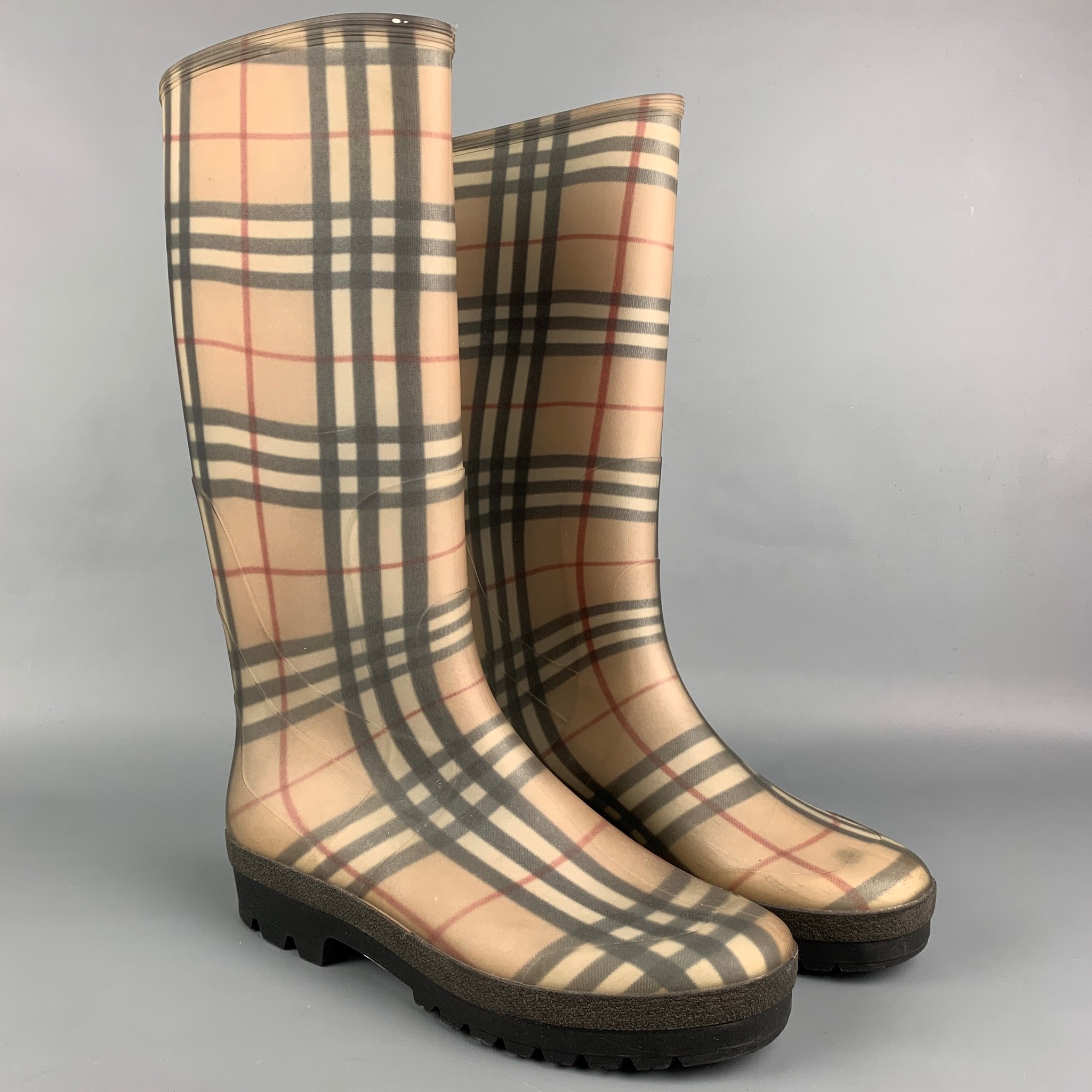 BURBERRY Size 10 Beige Black Plaid Rubber Boots Sui Generis