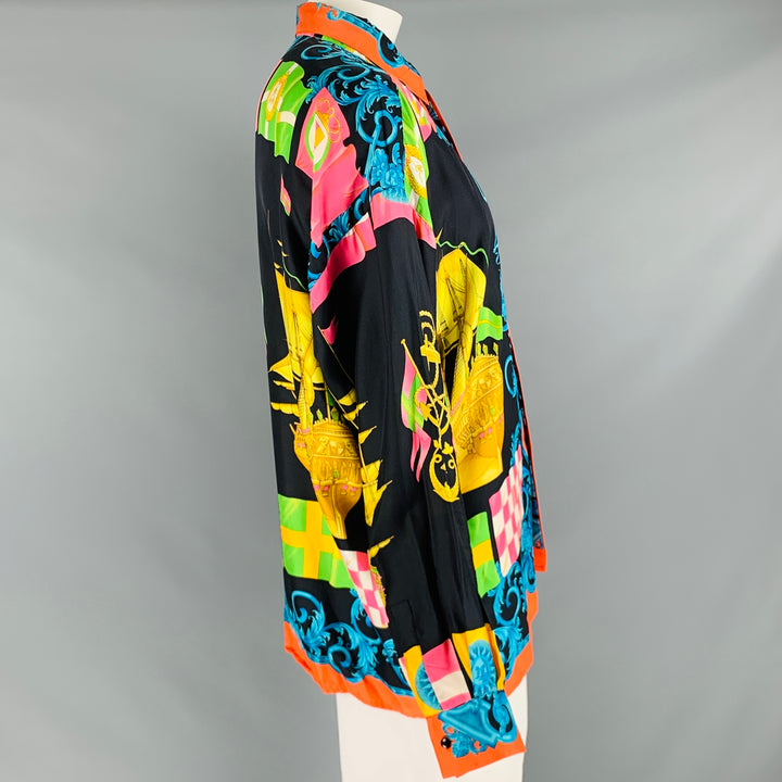 GIANNI VERSACE Size 44 Multi Color Print Silk Hidden Placket Long Sleeve Shirt