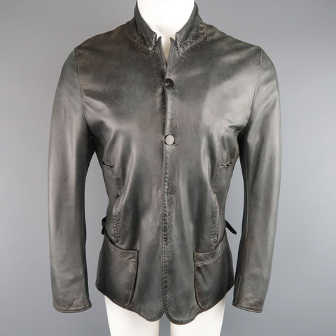 UN SOLO MONDO L Charcoal Distressed Leather Peak Lapel Jacket