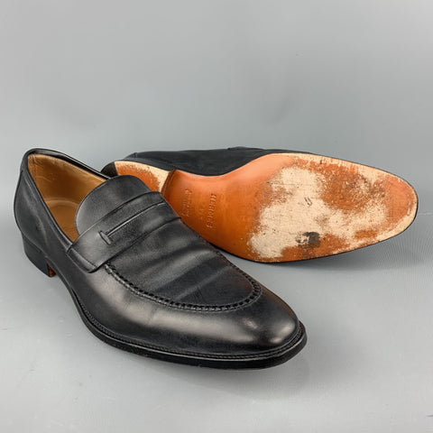 HERMES Size 12.5 Black Antique Leather Slip On Loafers