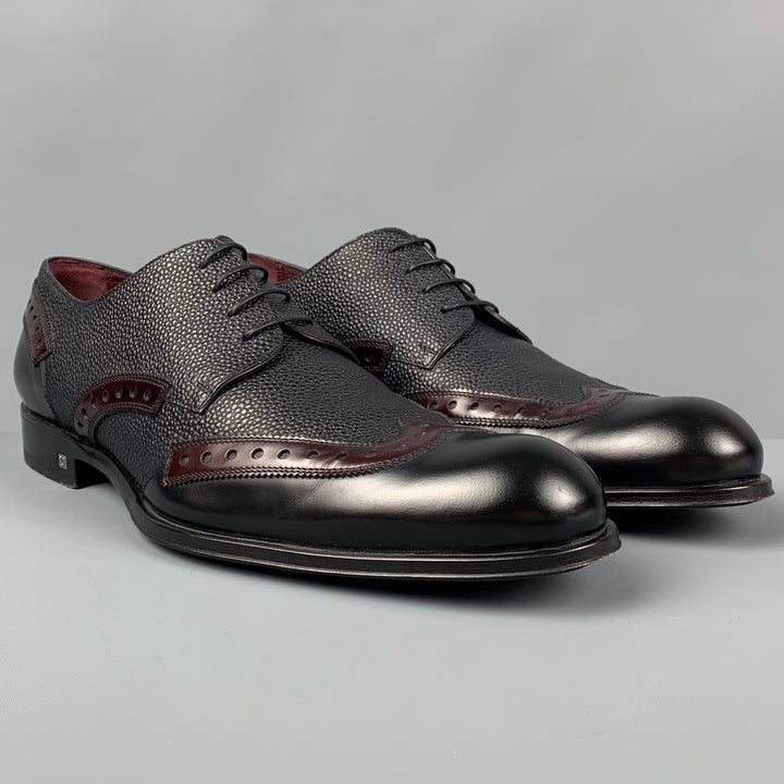 LOUIS VUITTON Size 11.5 Black Burgundy Textured Leather Wingtip Lace Up Shoes
