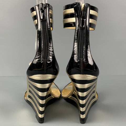 ROGER VIVIER Size 7.5 Black Gold Stripe Patent Leather Wedge Sandals