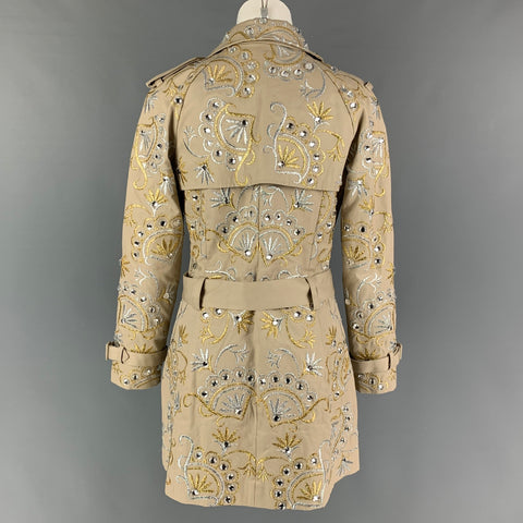 MANOUSH Size 4 Khaki Silver Gold Cotton Embroidered Trench Coat