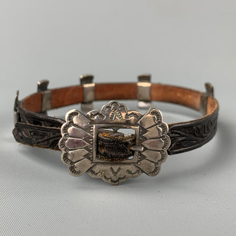 ADRIENNE TEEGUARDEN Black & Silver Tone Embossed Leather Metal Western Bracelet