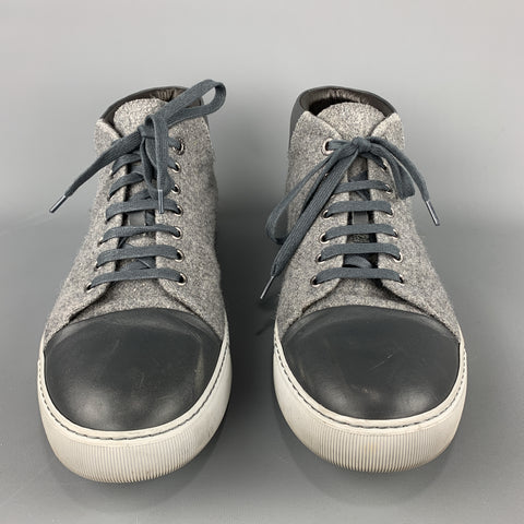 LANVIN Size 11  Gray Wool Lace Up Leather Cap Toe Sneakers