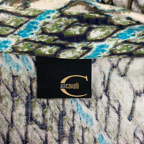 JUST CAVALLI Size L White Olive Blue Print Cotton Button Up Short Sleeve Shirt