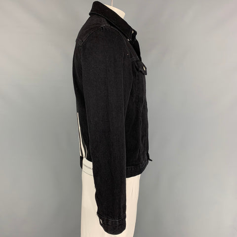 CALVIN KLEIN Size L Black & White Foundation Graphic Cotton Denim Trucker Jacket